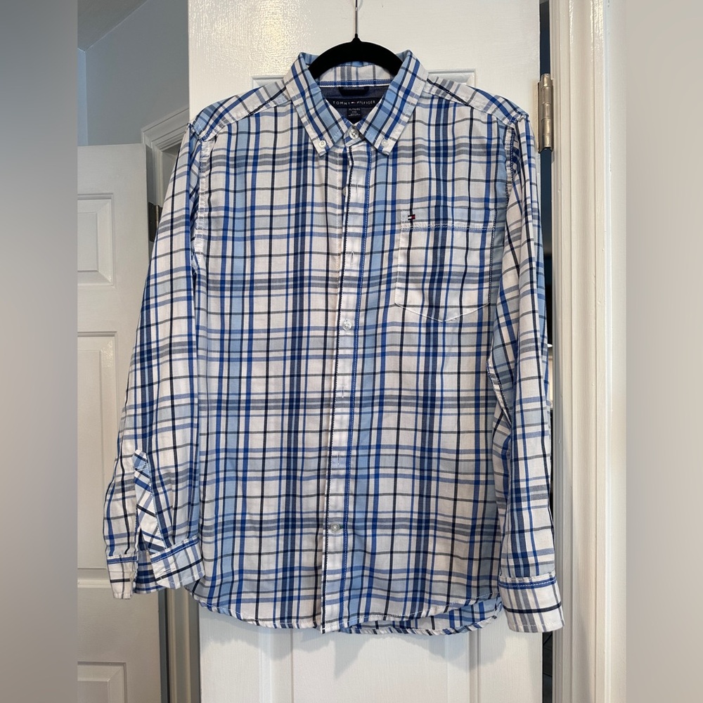 Boys size XL (20) blue plaid button down shirt. Worn only a few times.